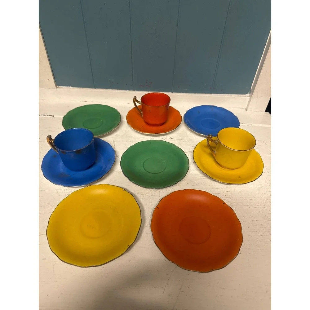 Vtg Gold‎ Castle Demi Tasse (3) Cups and (8) Saucers Set Colorful Made in Japan